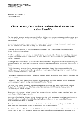 China: Amnesty International Condemns Harsh Sentence for Activist Chen Wei