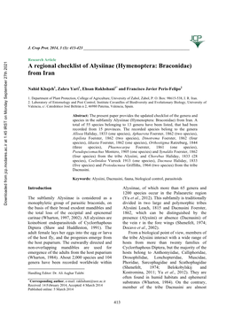 A Regional Checklist of Alysiinae (Hymenoptera: Braconidae) from Iran