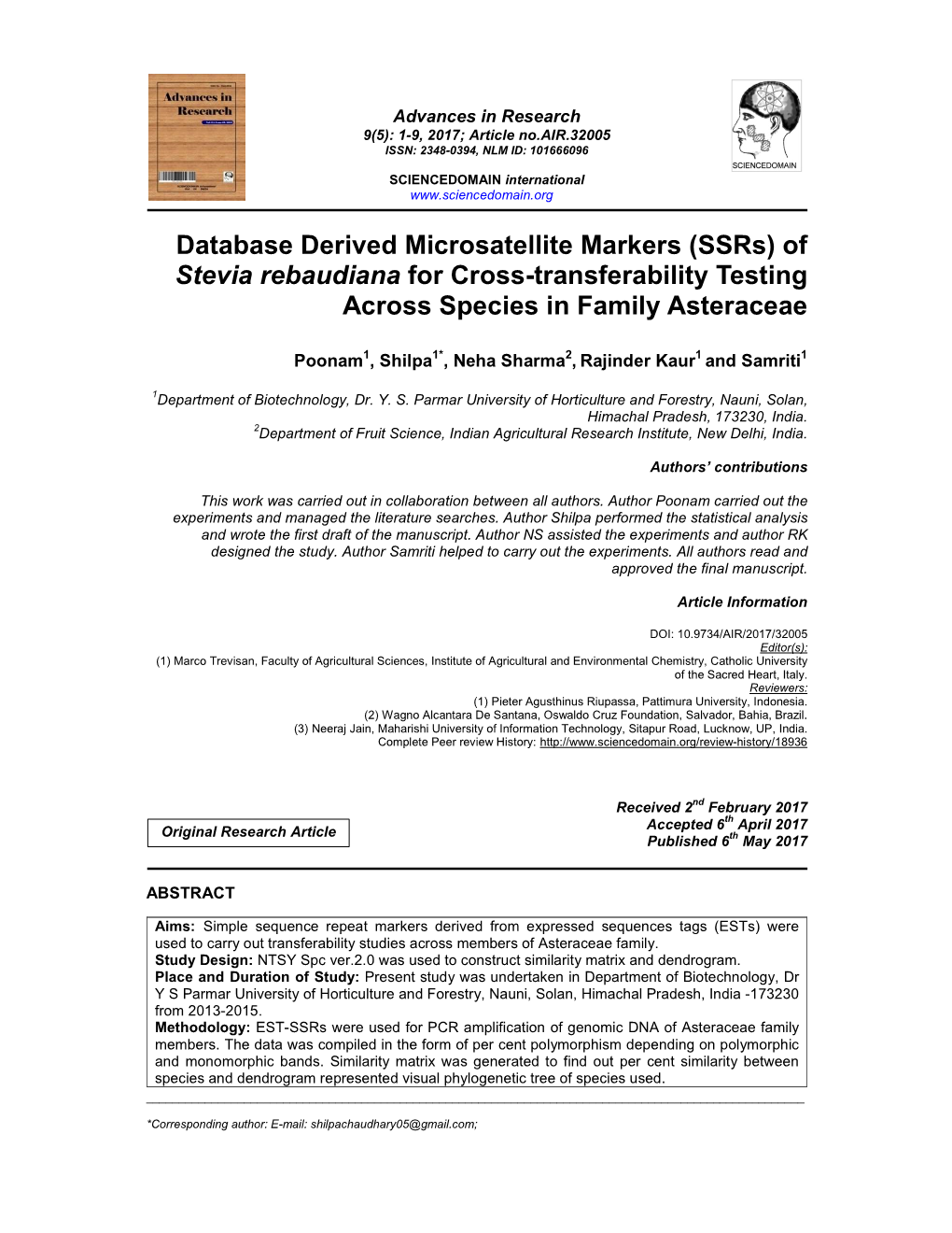 Database Derived Microsatellite Markers (Ssrs) of Stevia Rebaudiana for Cross-Transferability Testing Across Species in Family Asteraceae