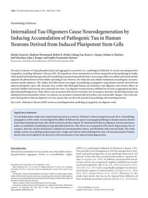 Internalized Tau Oligomers Cause Neurodegeneration by Inducing Accumulation of Pathogenic Tau in Human Neurons Derived from Induced Pluripotent Stem Cells