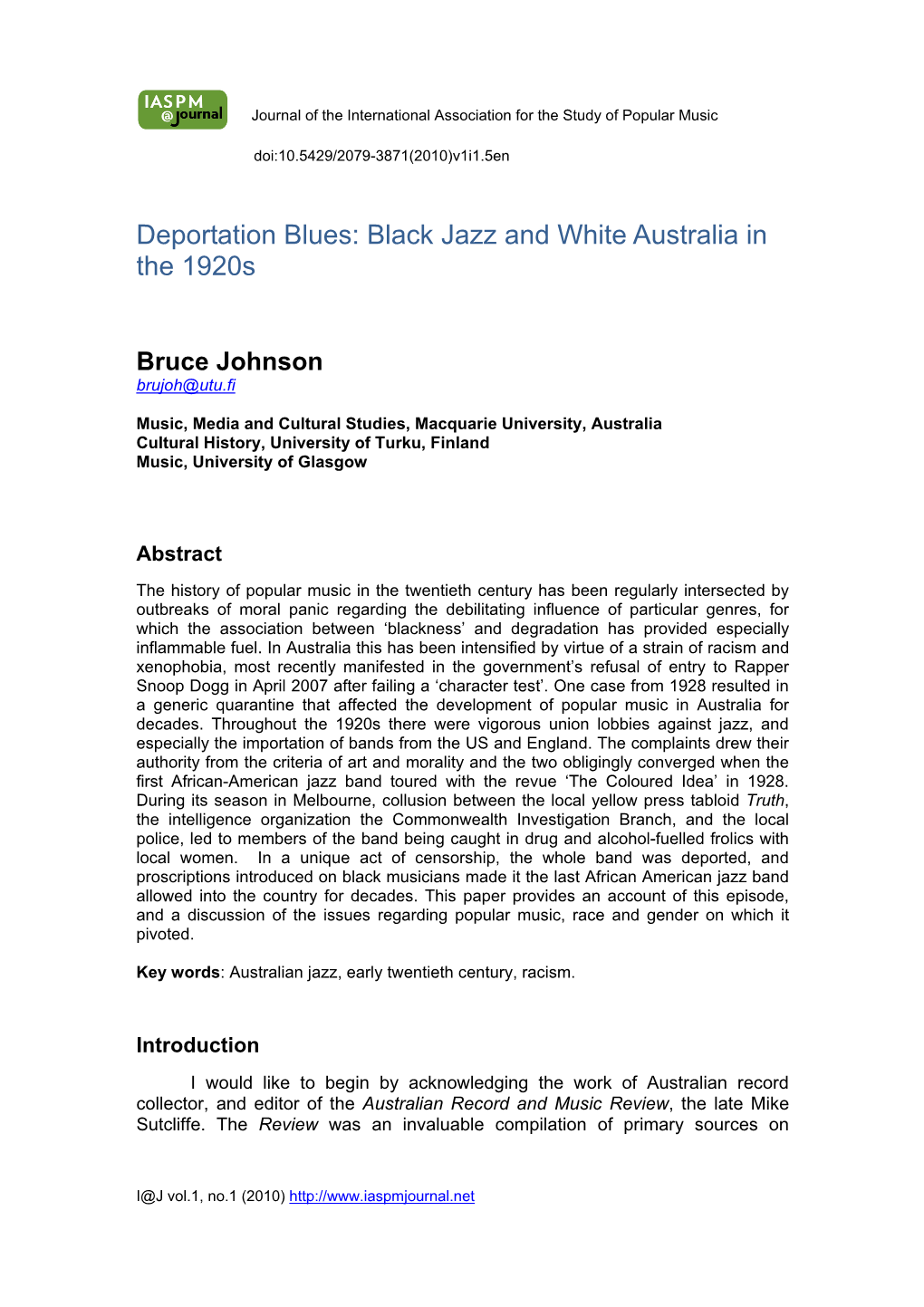 Deportation Blues: Black Jazz and White Australia in the 1920S