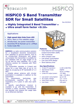 Hispico S Band Transmitter SDR for Small Satellites