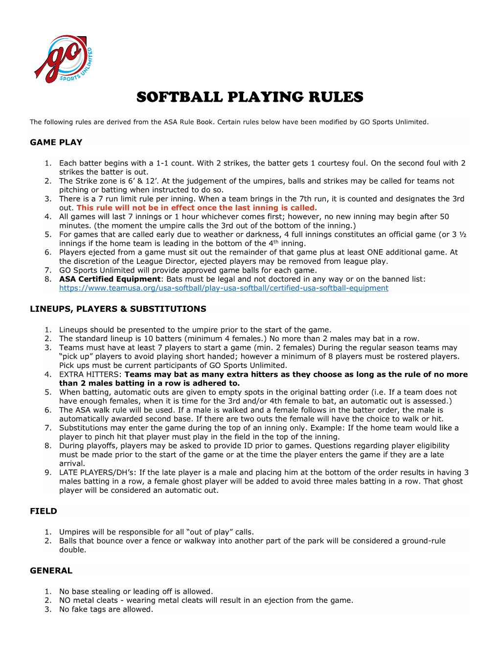Softball Playing Rules