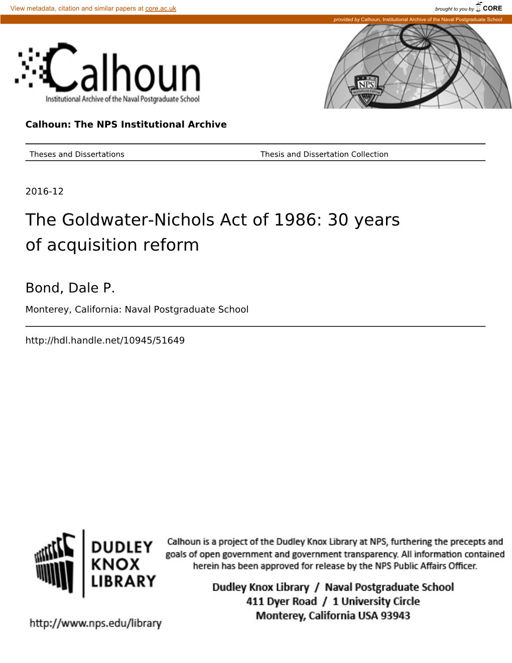 The Goldwater-Nichols Act of 1986: 30 Years of Acquisition Reform