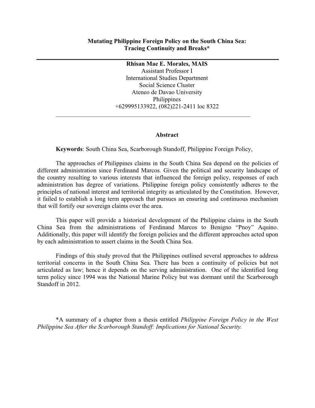 Mutating Philippine Foreign Policy on the South China Sea: Tracing Continuity and Breaks*