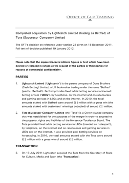 Completed Acquisition by Lightcatch Limited (Trading As Betfred) of Tote (Successor Company) Limited