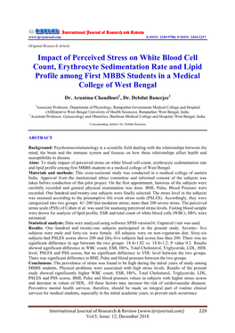 Impact of Perceived Stress on White Blood Cell Count, Erythrocyte Sedimentation Rate and Lipid Profile Among First MBBS Students in a Medical College of West Bengal