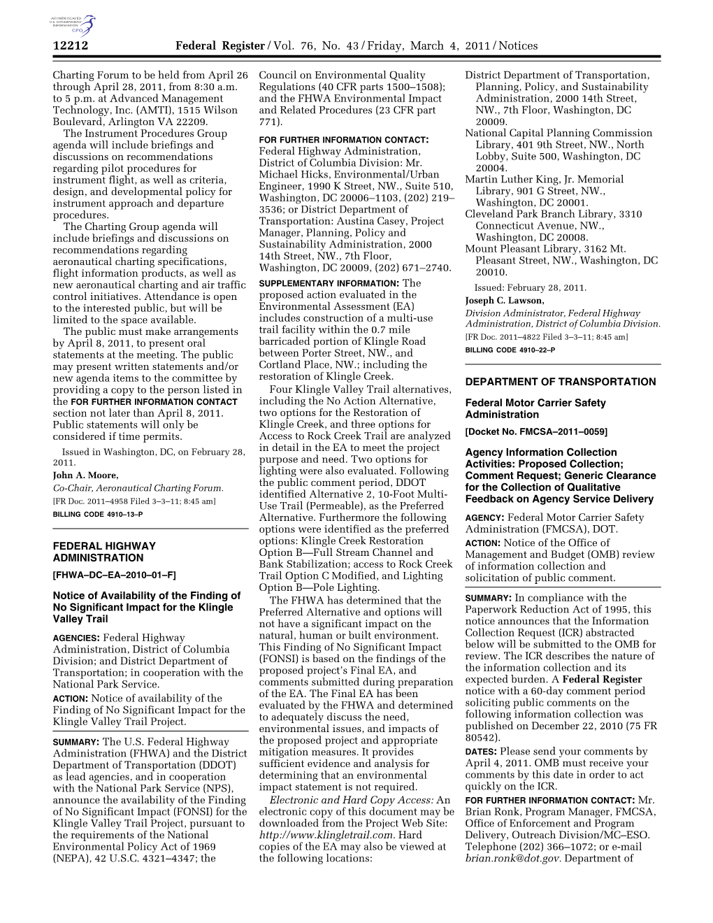 Federal Register/Vol. 76, No. 43/Friday, March 4, 2011/Notices