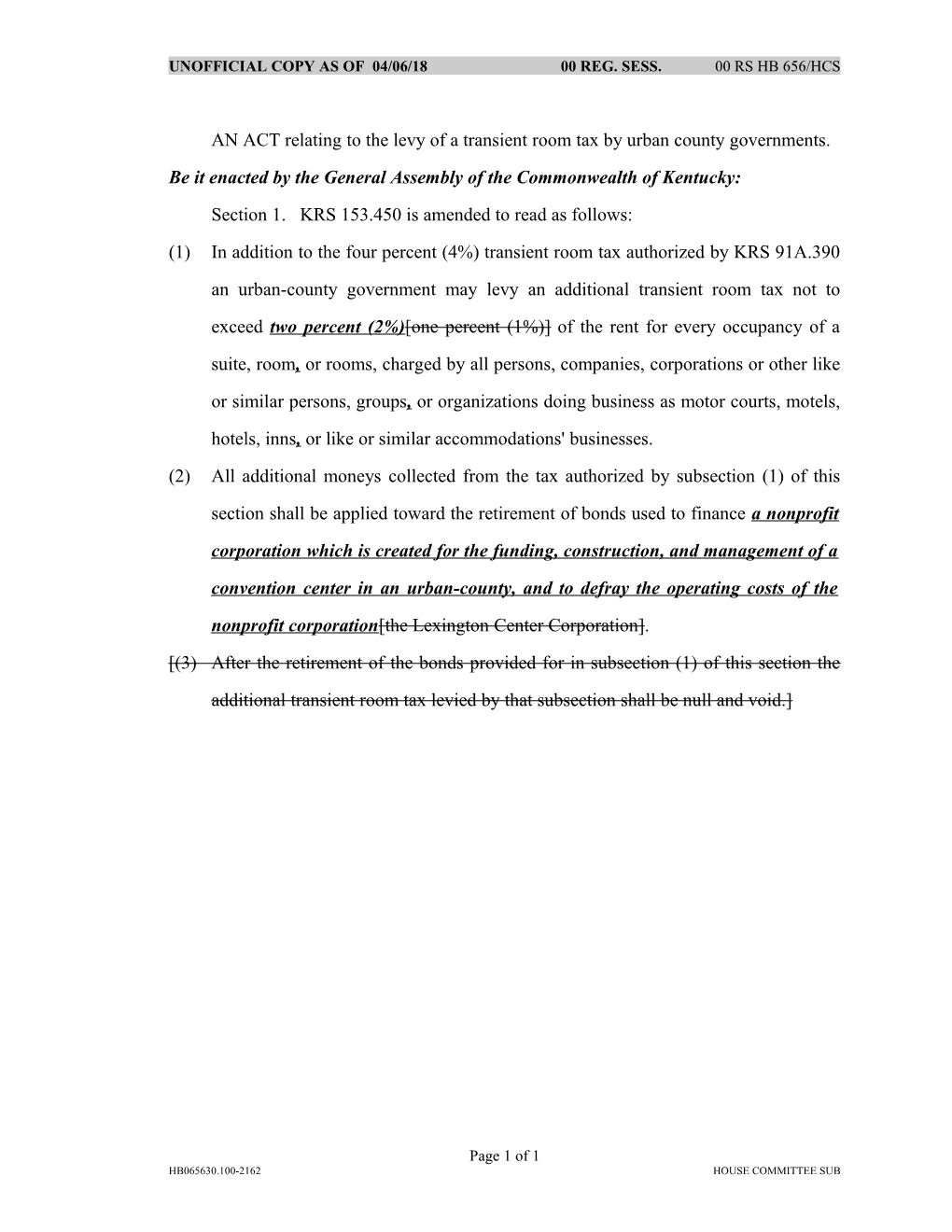 AN ACT Relating to the Levy of a Transient Room Tax by Urban County Governments