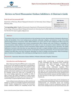 Patil AJ and Suryawanshi MR. Review on Novel Monoamine Oxidase Inhibitors: a Clinician’S Guide