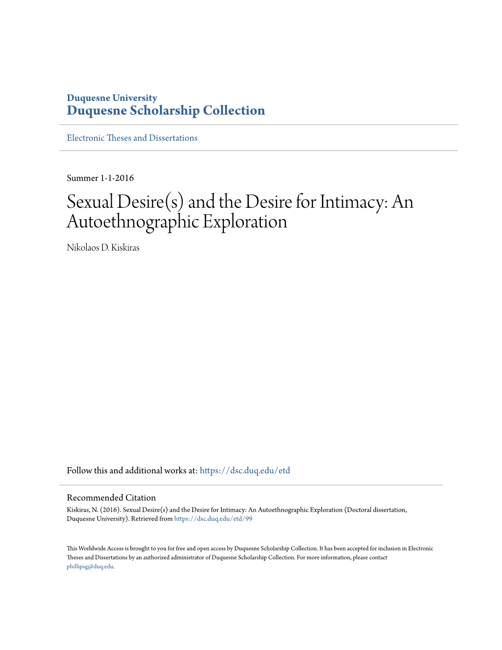 And the Desire for Intimacy: an Autoethnographic Exploration Nikolaos D