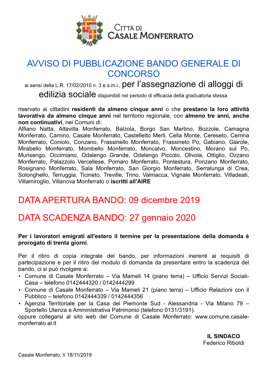 09 Dicembre 2019 DATA SCADENZA BANDO: 27 Gennaio 2020