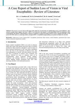 A Case Report of Sudden Loss of Vision in Viral Encephalitis - Review of Literature