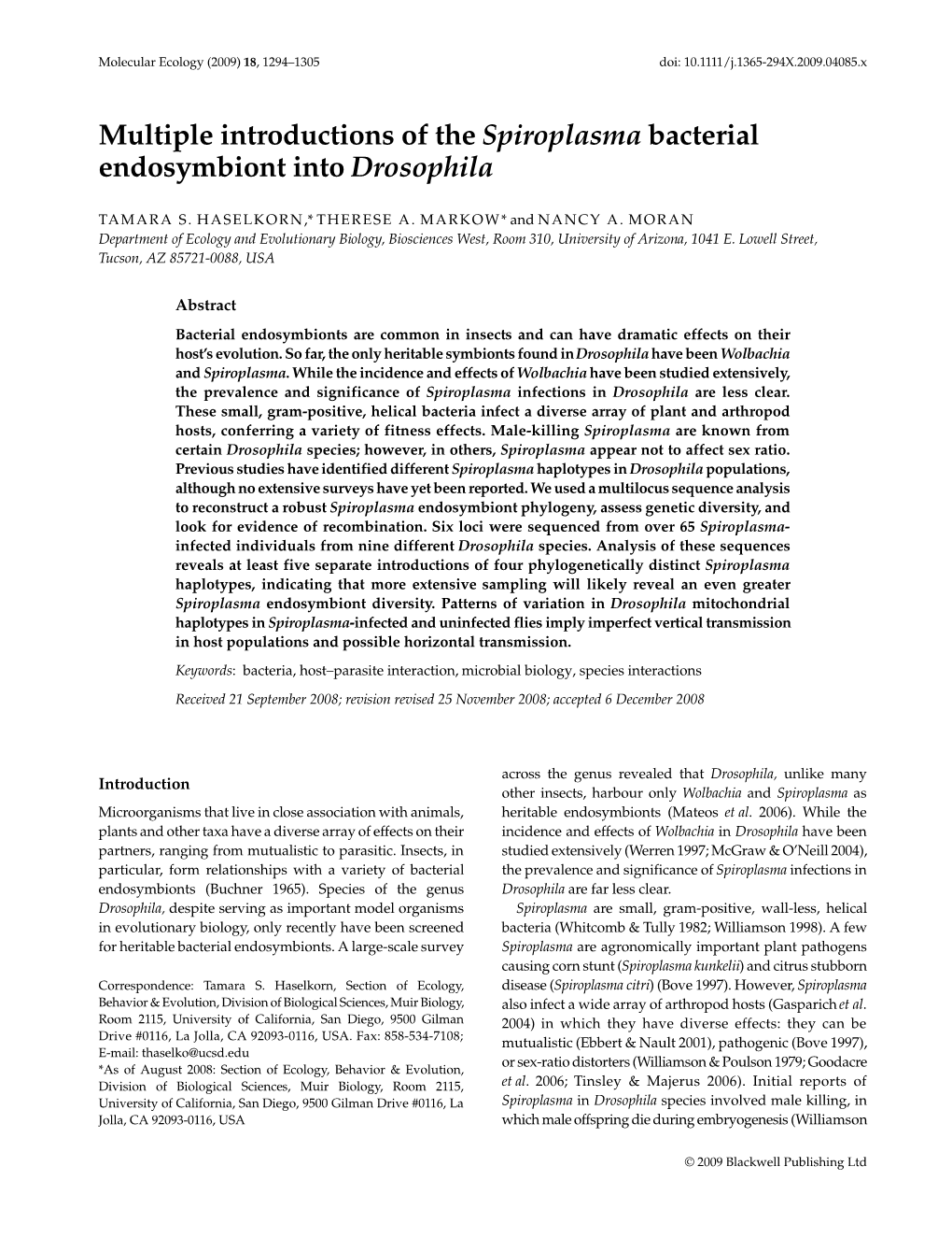 Multiple Introductions of the Spiroplasma Bacterial Endosymbiont Into Drosophila