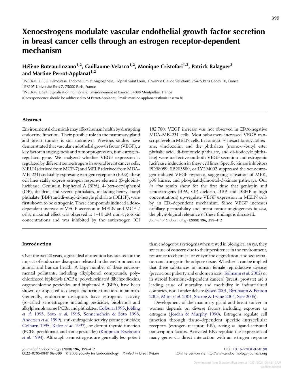 Xenoestrogens Modulate Vascular Endothelial Growth Factor Secretion in Breast Cancer Cells Through an Estrogen Receptor-Dependent Mechanism