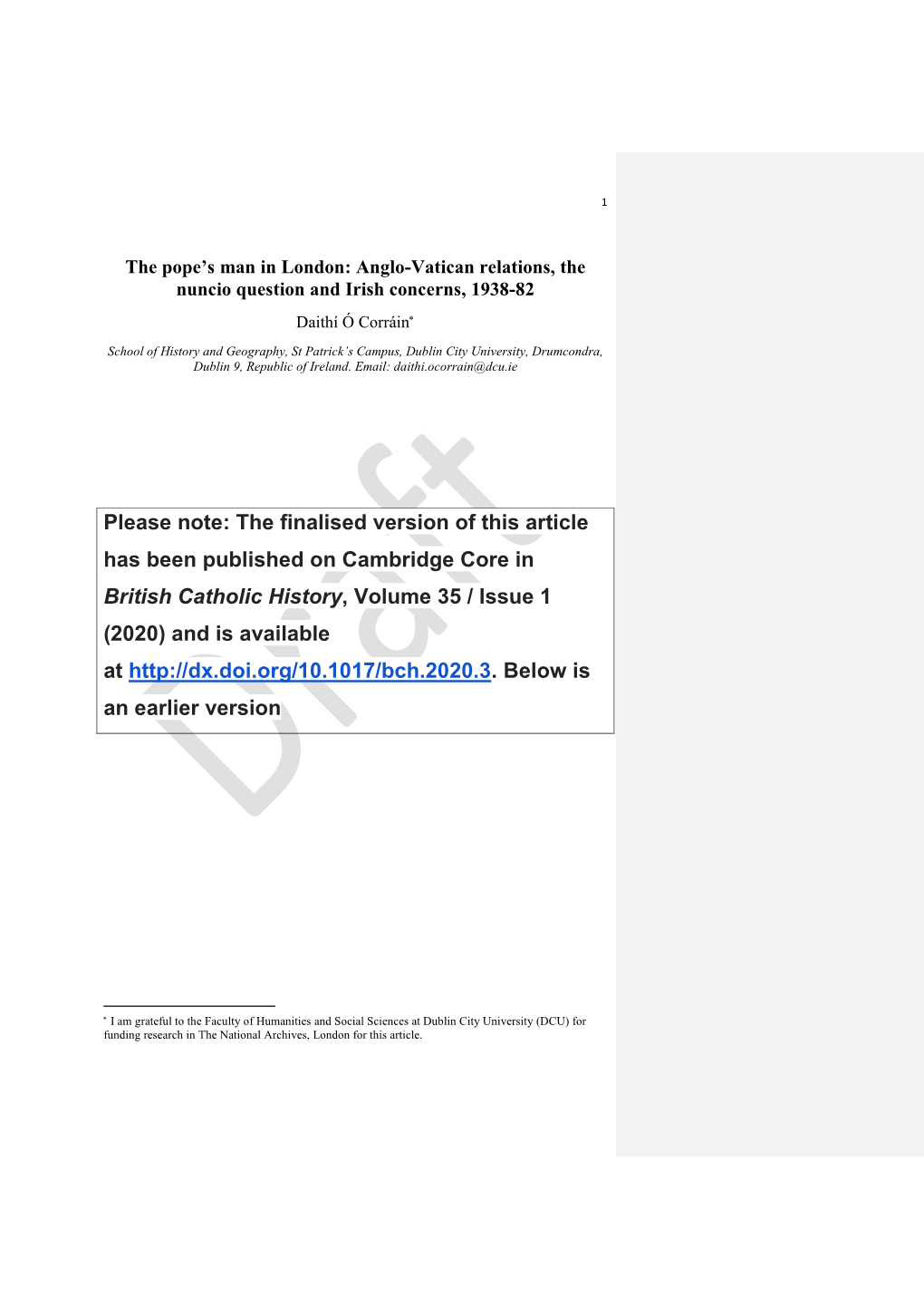 Anglo-Vatican Relations, the Nuncio Question and Irish Concerns, 1938-82 Daithí Ó Corráin