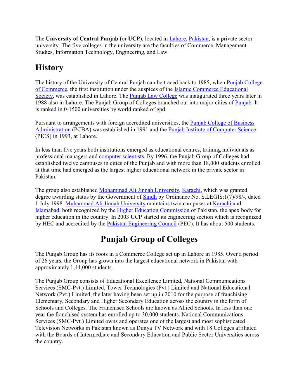 History Punjab Group of Colleges