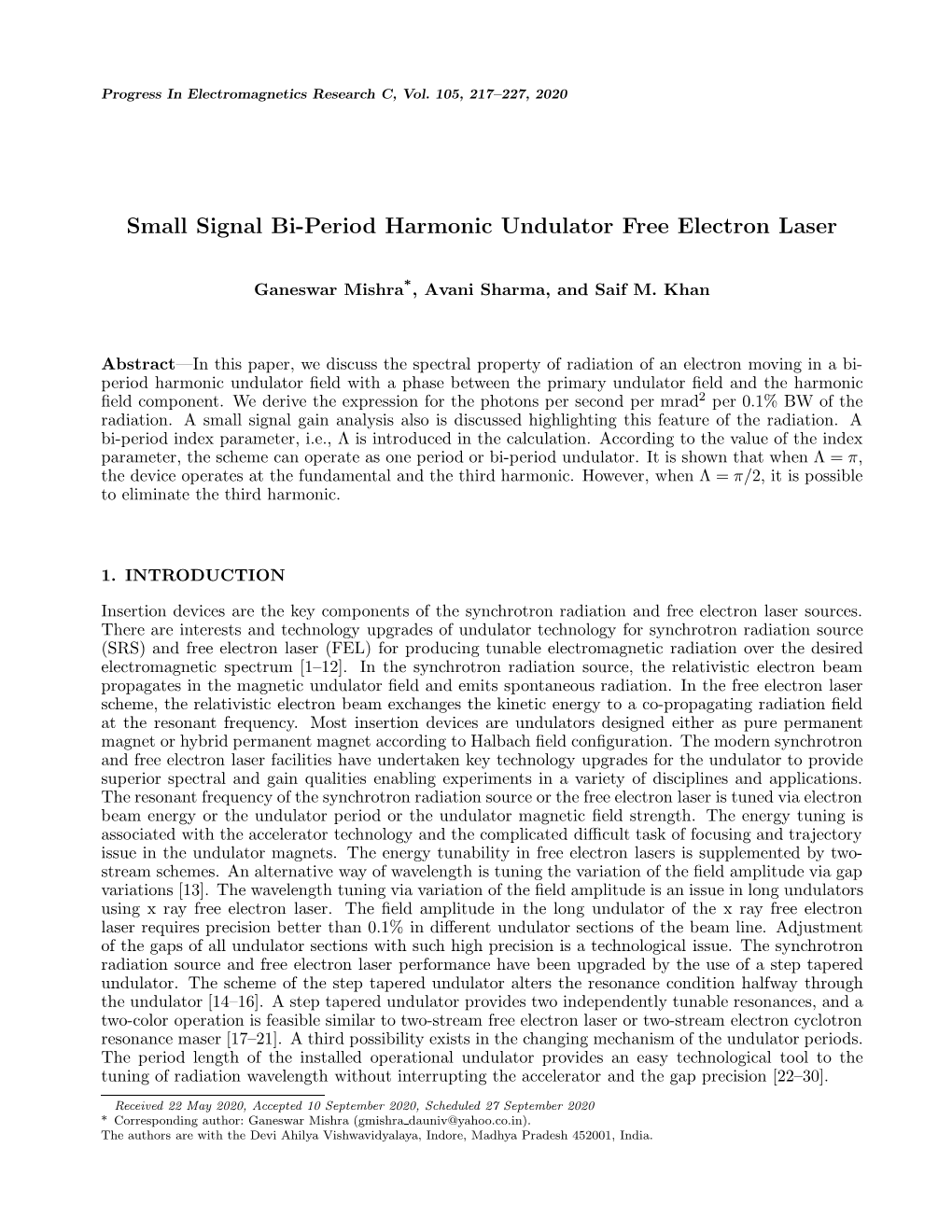 Small Signal Bi-Period Harmonic Undulator Free Electron Laser