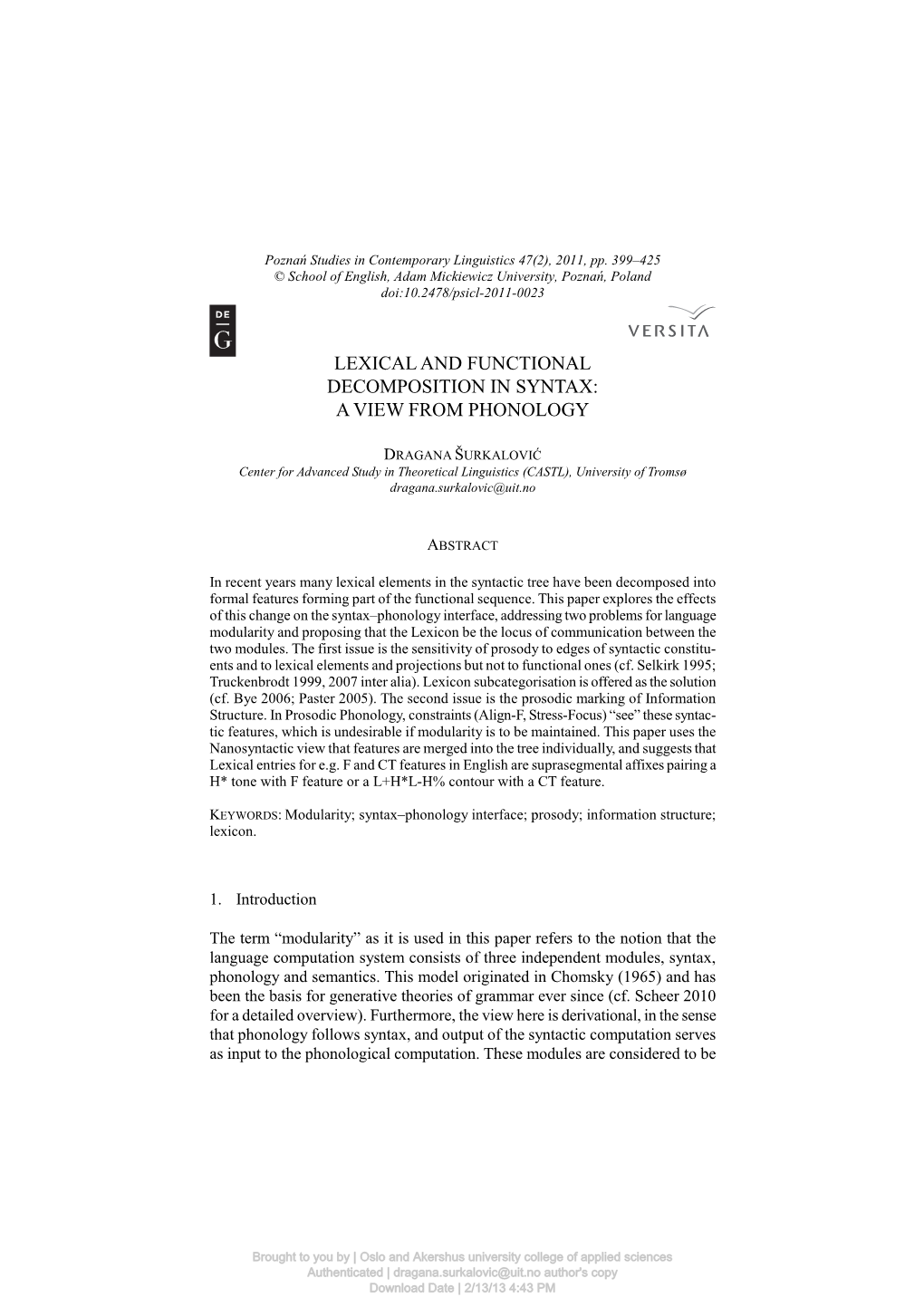 Lexical and Functional Decomposition in Syntax: a View from Phonology