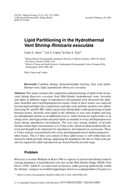 Lipid Partitioning in the Hydrothermal Vent Shrimp Rimicaris Exoculata