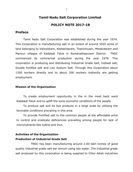 Tamil Nadu Salt Corporation Limited POLICY NOTE 2017-18 Preface