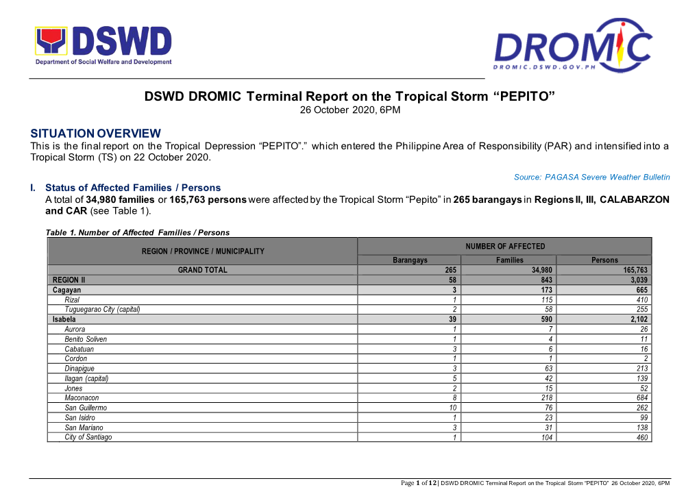 DSWD DROMIC Terminal Report on the Tropical Storm “PEPITO” 26 October 2020, 6PM