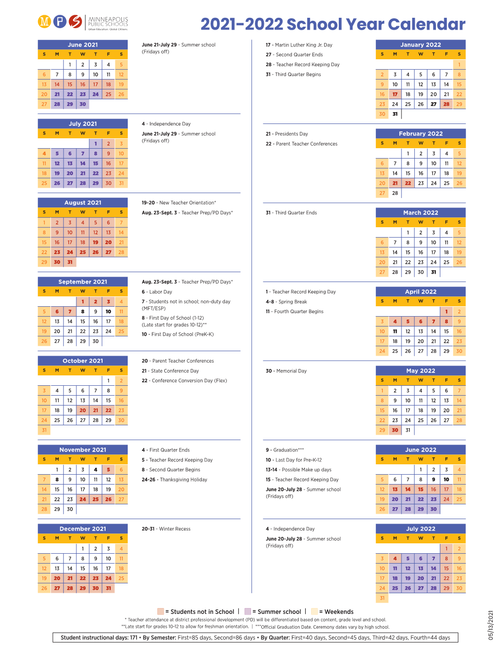 20212022 School Year Calendar June 2021 June 21July 29 Summer