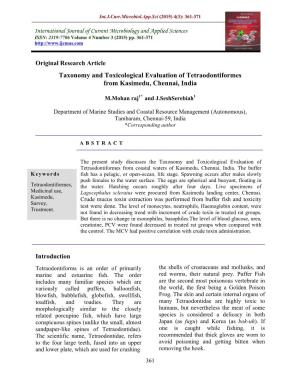 Taxonomy and Toxicological Evaluation of Tetraodontiformes from Kasimedu, Chennai, India