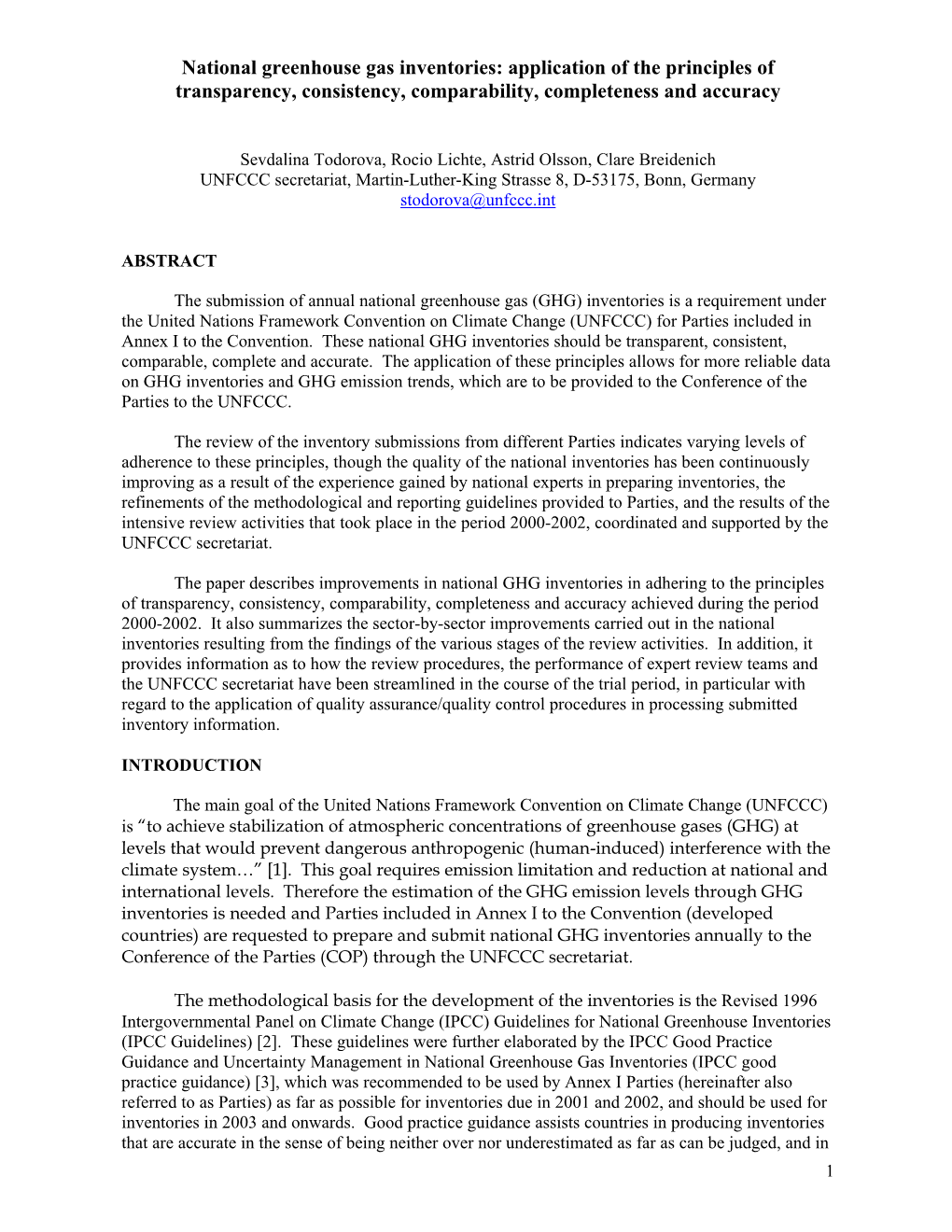 National Greenhouse Gas Inventories: Application of the Principles of Transparency, Consistency, Comparability, Completeness and Accuracy