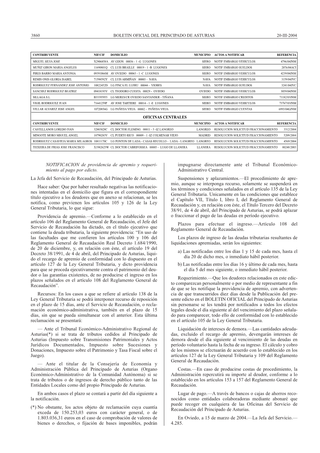 NOTIFICACION De Providencia De Apremio Y Requeri- Impugnarse Directamente Ante El Tribunal Económico- Miento Al Pago Por Edicto