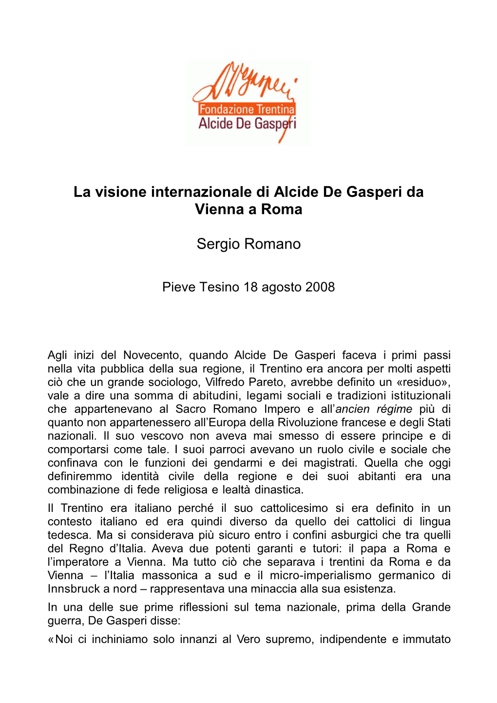 La Visione Internazionale Di Alcide De Gasperi Da Vienna a Roma