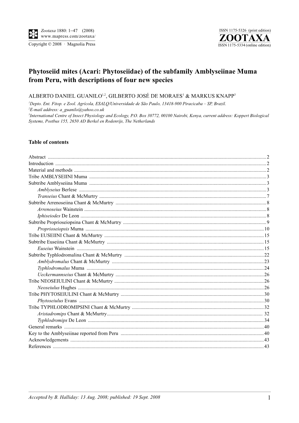 Zootaxa, Phytoseiid Mites (Acari: Phytoseiidae) Of