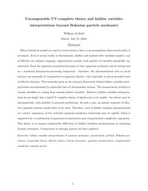 Uncomputable UV-Complete Theory and Hidden Variables Interpretations Beyond Bohmian Particle Mechanics