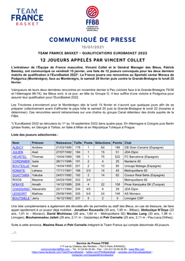 Communiqué De Presse 15/01/2021 Team France Basket – Qualifications Eurobasket 2022 12 Joueurs Appelés Par Vincent Collet