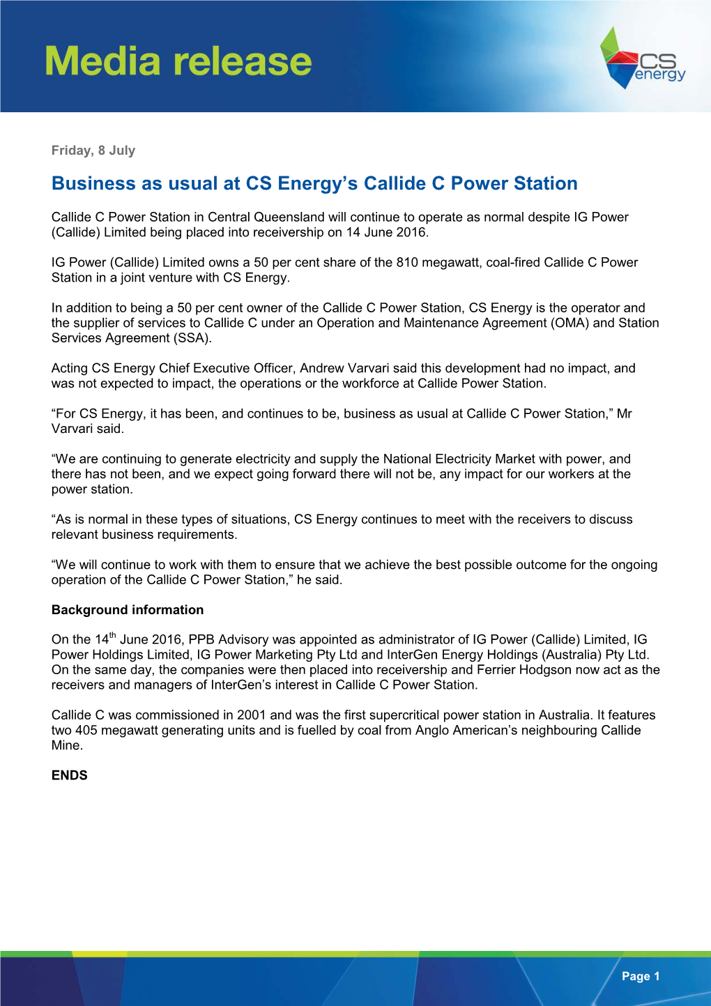 Business As Usual at CS Energy's Callide C Power Station