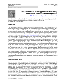Telecollaboration As an Approach to Developing Intercultural Communication Competence Robert Godwin-Jones, Virginia Commonwealth University
