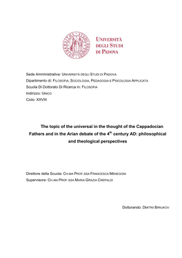 The Topic of the Universal in the Thought of the Cappadocian Fathers and in the Arian Debate of the 4Th Century AD: Philosophical and Theological Perspectives