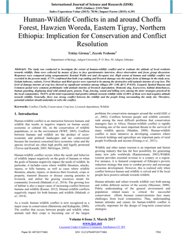 Human-Wildlife Conflicts in and Around Choffa Forest, Hawzien Woreda, Eastern Tigray, Northern Ethiopia: Implication for Conservation and Conflict Resolution