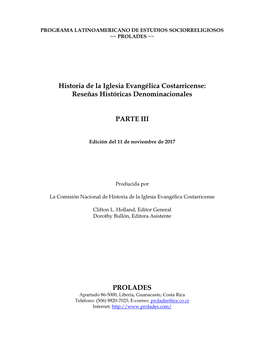 Historia De La Iglesia Evangélica Costarricense: Reseñas Históricas Denominacionales