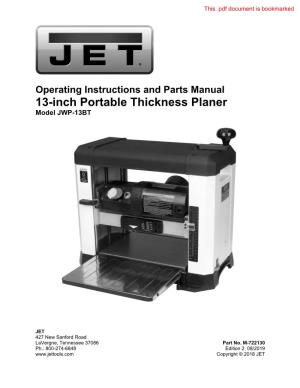 13-Inch Portable Thickness Planer Model JWP-13BT
