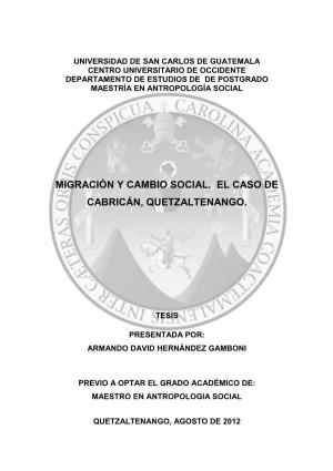 Migración Y Cambio Social. El Caso De Cabricán, Quetzaltenango