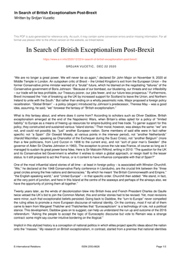 In Search of British Exceptionalism Post-Brexit Written by Srdjan Vucetic