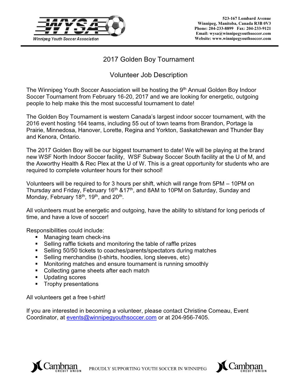 2017 Golden Boy Tournament Volunteer Job Description
