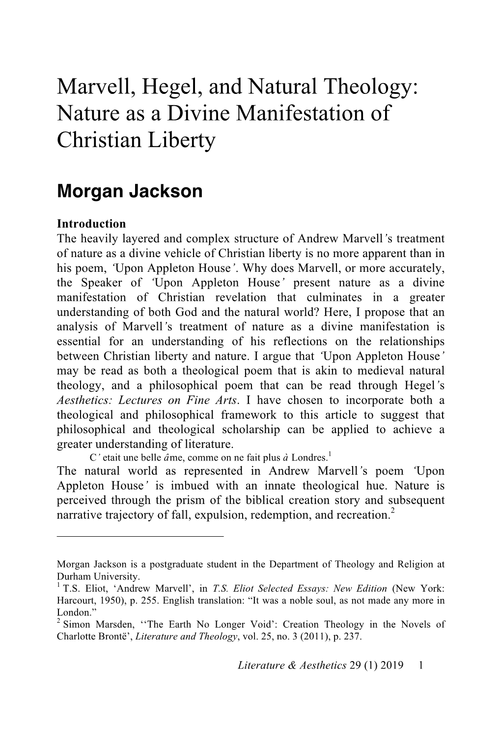 Marvell, Hegel, and Natural Theology: Nature As a Divine Manifestation of Christian Liberty