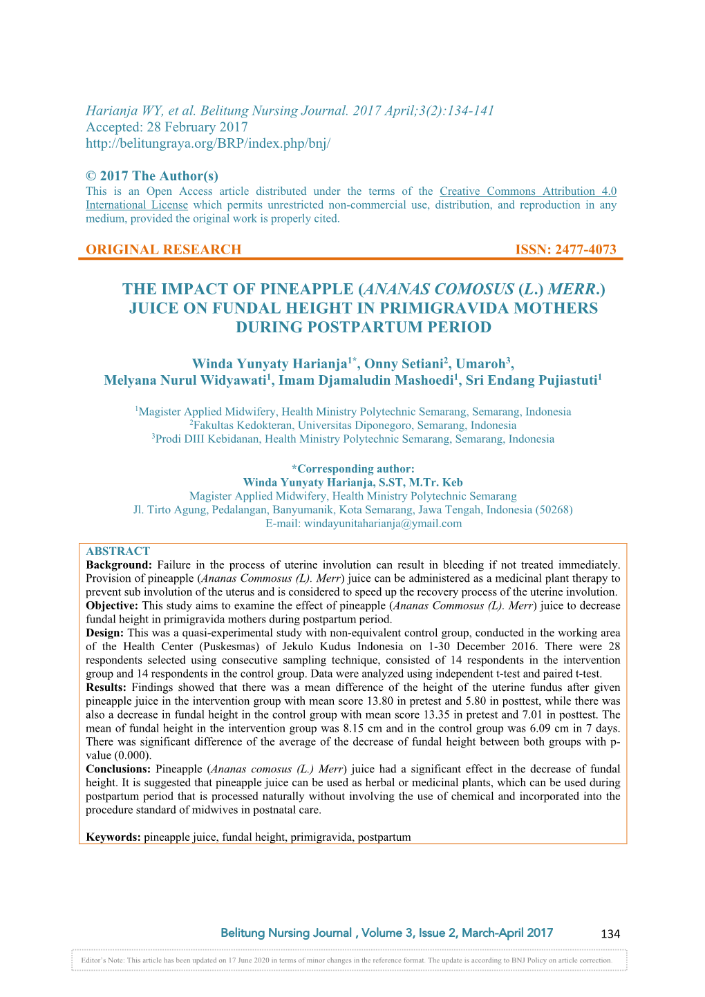 (Ananas Comosus (L.) Merr.) Juice on Fundal Height in Primigravida Mothers During Postpartum Period