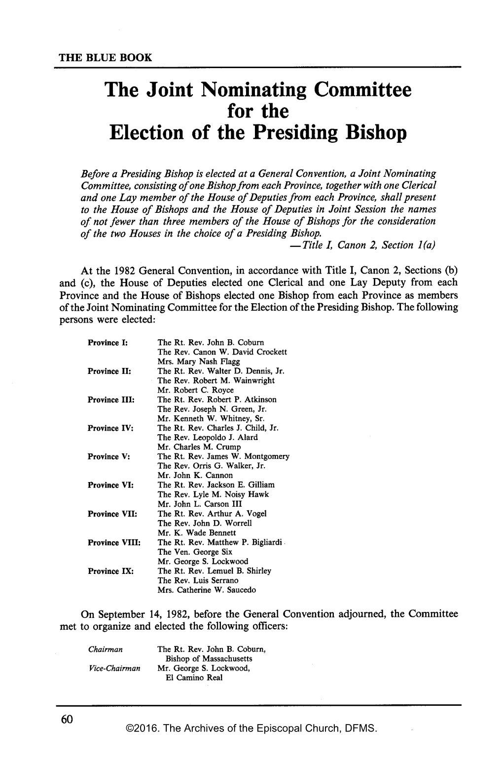 The 1985 Report of the Joint Nominating Committee for The