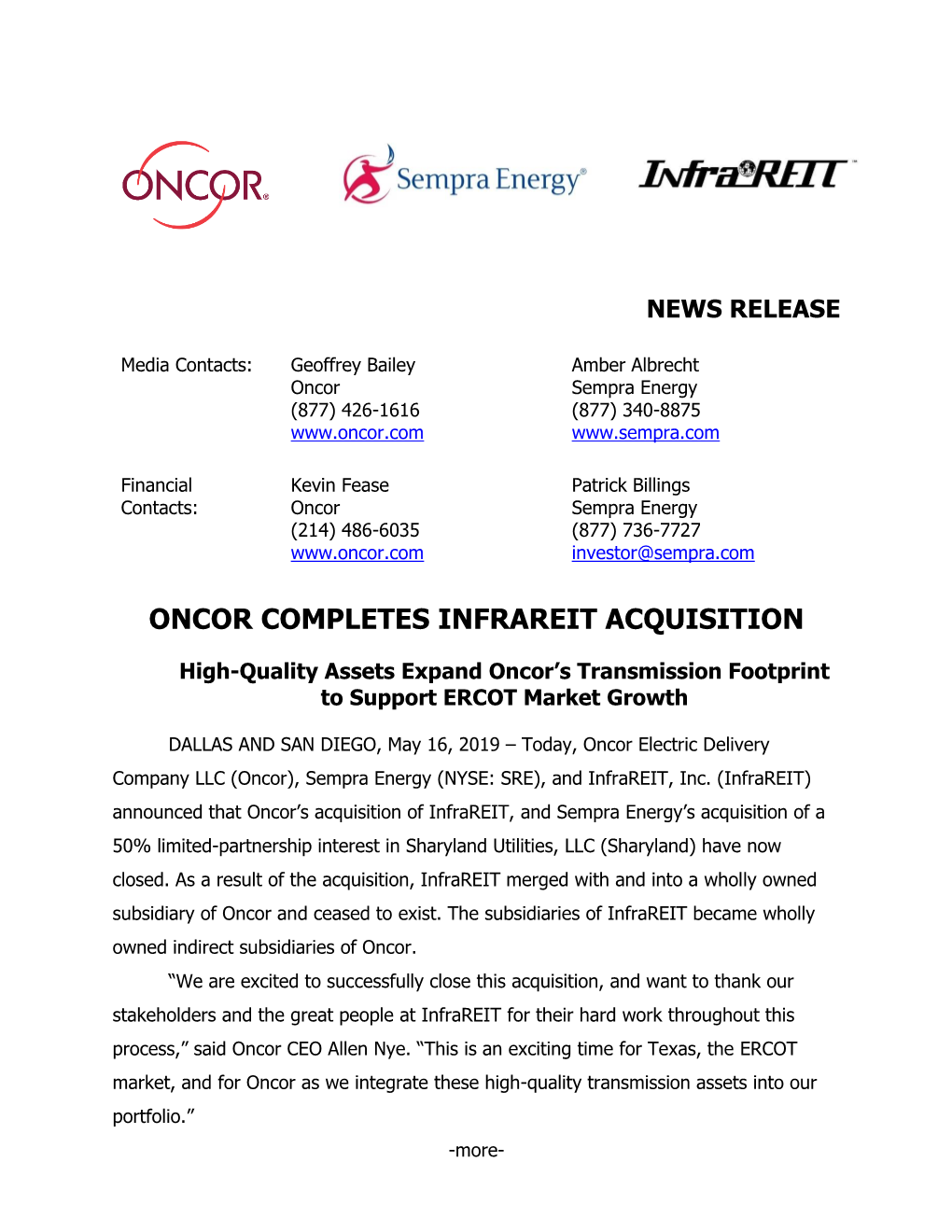 Oncor Completes Infrareit Acquisition
