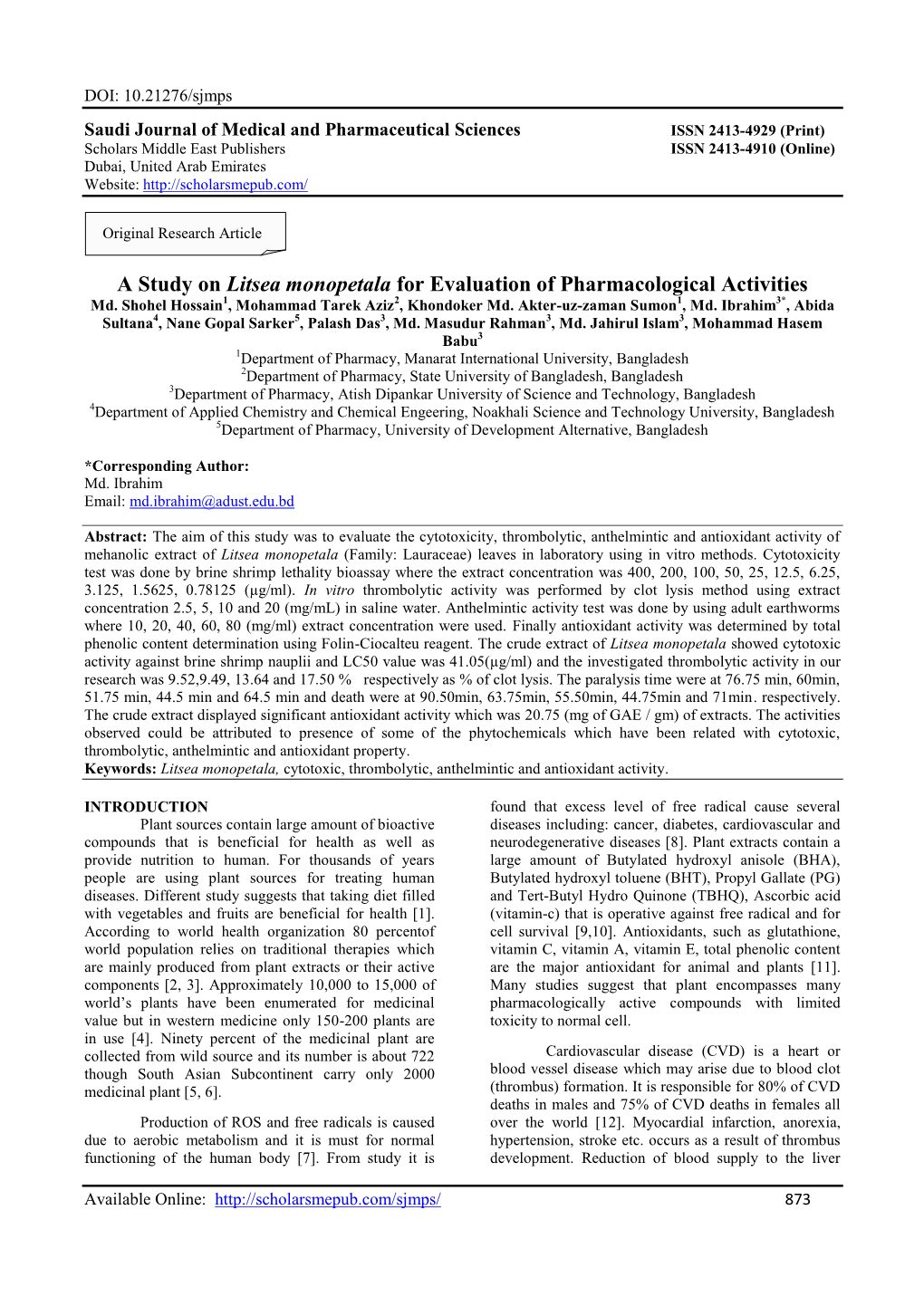 A Study on Litsea Monopetala for Evaluation of Pharmacological Activities Md