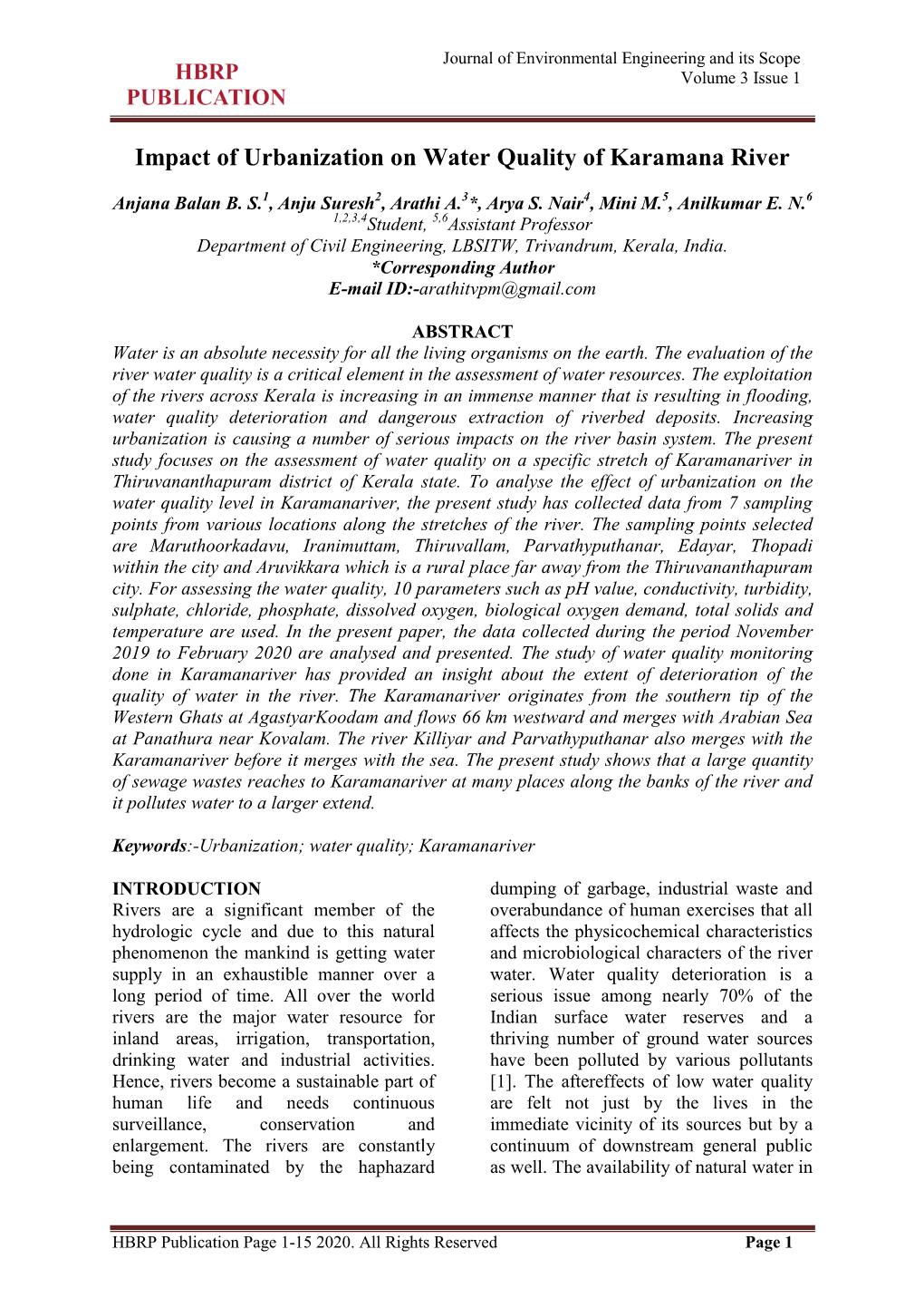 Impact of Urbanization on Water Quality of Karamana River