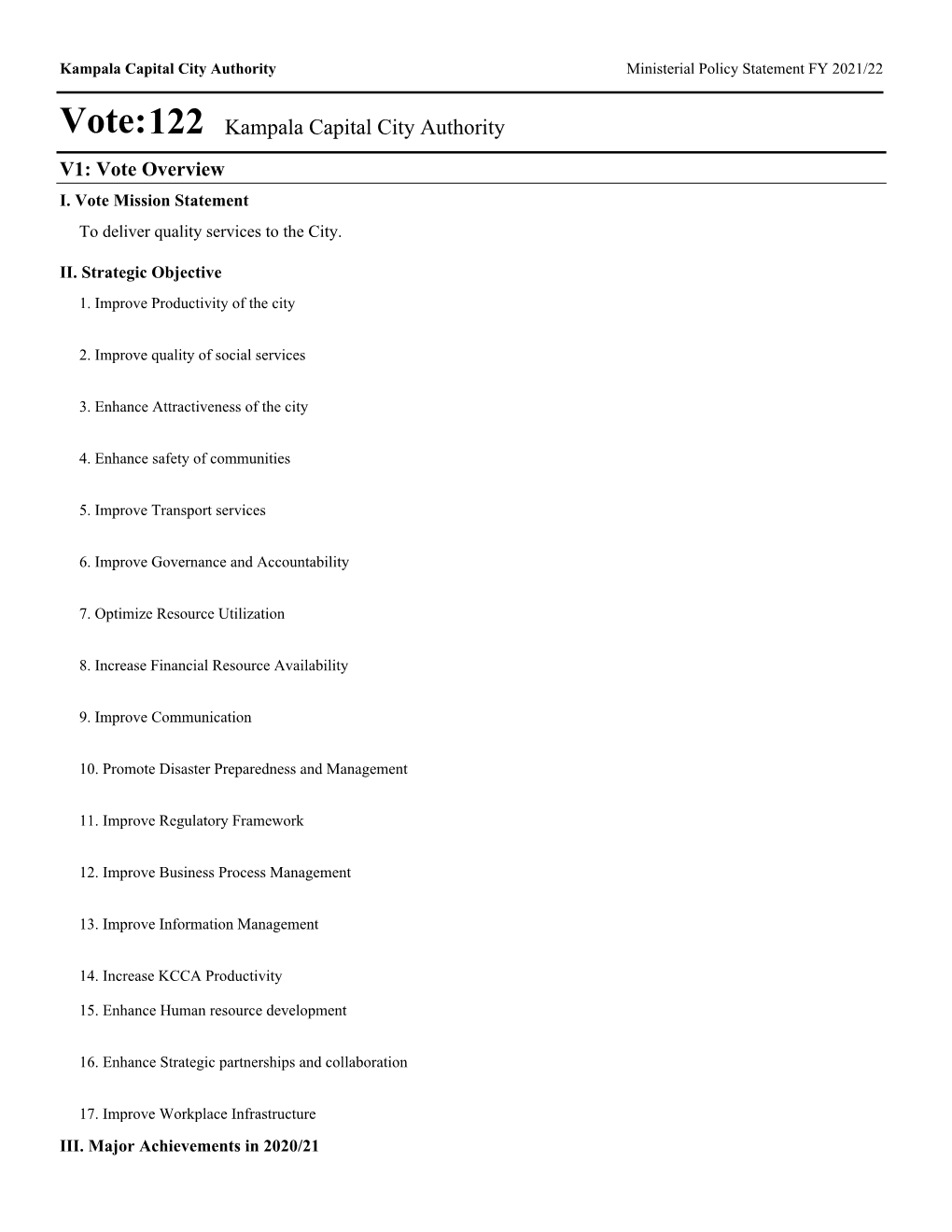 Vote:122 Kampala Capital City Authority V1: Vote Overview I